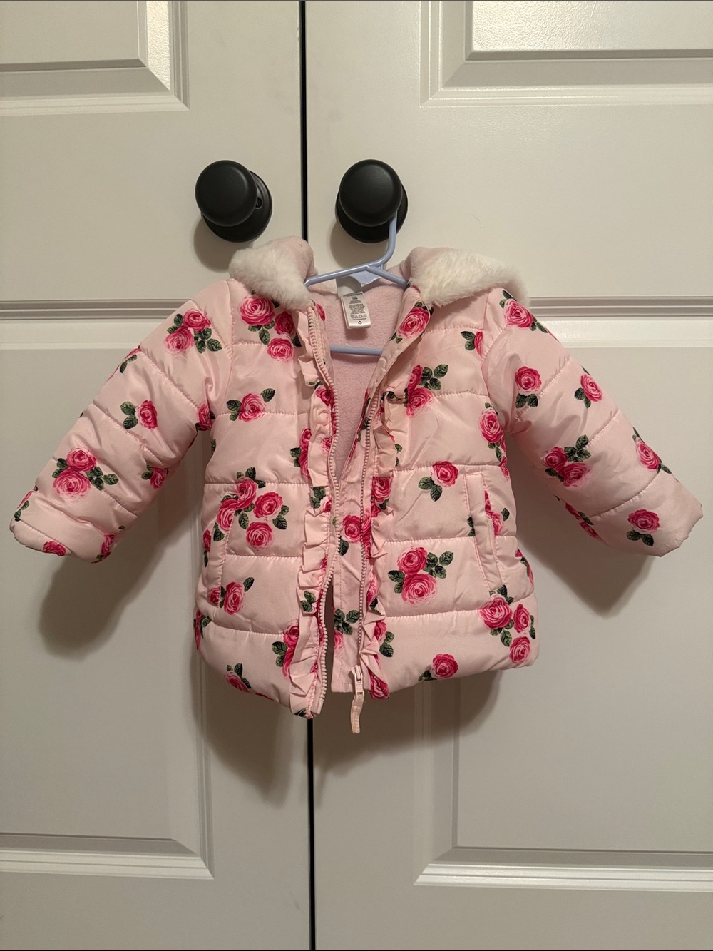 Pink Floral Puffer Jacket with Faux Fur Hood - Kids